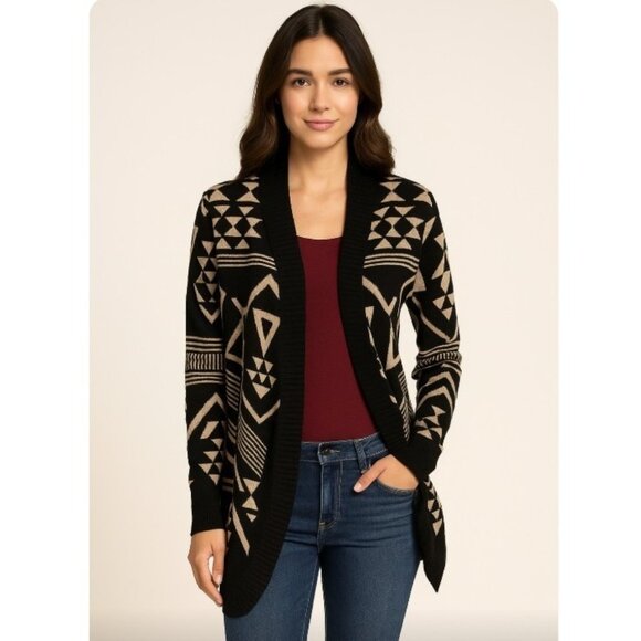 Say What? USA Black Beige Tribal Aztec Cardigan Sweater Women’s Sz M Open Front - Picture 1 of 9